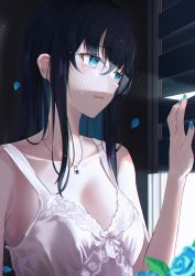 Rule 34 | 1girl, bare arms, black hair, window blinds, blue nails, breasts, cleavage, collarbone, crying, crying with eyes open, flower, highres, hyonee, jewelry, large breasts, long hair, looking outside, nail polish, necklace, original, parted lips, sleeveless, solo, sunlight, tears, upper body