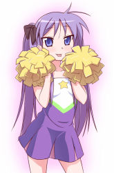 Rule 34 | 00s, 1girl, :p, antenna hair, bare arms, bare shoulders, black bow, blue eyes, blush, bow, cheerleader, collarbone, contrapposto, cowboy shot, dress, e20, gradient background, hair bow, hiiragi kagami, holding, long hair, looking at viewer, lucky star, pink background, pink hair, pom pom (cheerleading), purple dress, purple hair, smile, solo, standing, tongue, tongue out, tsurime, twintails, very long hair