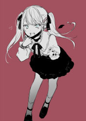 Rule 34 | 1girl, :d, blue eyes, bow, collared shirt, commentary, dress shirt, fangs, frilled skirt, frills, hair bow, hair ornament, hands up, hatsune miku, heart, heart hair ornament, kuroi (liar-player), leaning forward, long sleeves, mask, mask pull, mouth mask, nail polish, open mouth, puffy long sleeves, puffy sleeves, pulled by self, red background, shirt, shoes, simple background, skirt, smile, socks, solo, standing, striped, striped bow, twintails, twitter username, vampire (vocaloid), vocaloid