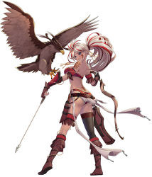 Rule 34 | 1girl, animal, arm tattoo, arrow (projectile), ass, asymmetrical gloves, back tattoo, belt, between fingers, bikini, bird, black gloves, black thighhighs, blue eyes, blush, boots, bow (weapon), braid, breasts, brown belt, brown footwear, brown gloves, dark-skinned female, dark skin, facial mark, full body, gloves, grin, highres, holding, holding arrow, holding bow (weapon), holding weapon, holster, knee boots, knife, koflif, large breasts, long hair, mismatched gloves, multicolored hair, original, partially fingerless gloves, partly fingerless gloves, ponytail, red bikini, red hair, shadow seven, shoe soles, simple background, single thighhigh, skindentation, smile, solo, standing, streaked hair, swimsuit, tattoo, thighhighs, thighhighs under boots, tramp stamp, weapon, white background, white hair, yugake