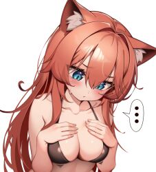 Rule 34 | ..., 1girl, animal ears, bikini, black bikini, blue eyes, breasts, cat ears, cat girl, cleavage, closed mouth, collarbone, commentary, english commentary, hair between eyes, kaptivate, large breasts, long hair, original, red hair, simple background, slit pupils, solo, spoken ellipsis, sweatdrop, swimsuit, white background