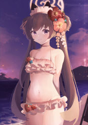 Rule 34 | 1girl, absurdres, animal ears, beach, bikini, blue archive, blush, bow, bracelet, brown hair, cat ears, choker, collarbone, commentary request, flower, flower on head, frilled bikini, frilled hairband, frills, hair flower, hair ornament, hairband, halo, heart, hibiscus, highres, holding, holding tray, hukhuk2, jewelry, long hair, looking at viewer, maid headdress, navel, pink bikini, pink choker, pink flower, purple eyes, red flower, shizuko (blue archive), shizuko (swimsuit) (blue archive), smile, solo, stomach, swimsuit, tray, twintails, very long hair, water