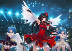 Rule 34 | 3girls, alternate costume, angel wings, aoba (warship girls r), armpits, black gloves, black hair, blue hair, bow, bowtie, braid, breasts, cleavage, commentary request, corset, dress, elbow gloves, fingerless gloves, gloves, hair bow, headgear, heart, heart-shaped pupils, idol, large breasts, long hair, looking at viewer, machinery, microphone, multiple girls, one eye closed, open mouth, outstretched arm, prinz eugen (warship girls r), purple legwear, quincy (warship girls r), red dress, red eyes, showgirl skirt, skirt, skirt set, smile, stage lights, symbol-shaped pupils, thighhighs, thighs, twintails, very long hair, warship girls r, white dress, white gloves, white legwear, wings, xiaoyin li, zettai ryouiki