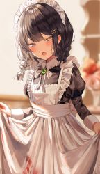 Rule 34 | 1girl, :d, apron, black hair, blood, blood on clothes, blue eyes, blurry, blurry background, blush, bow, braid, brooch, curtsey, dress, fang, frills, hair bow, hair ornament, hairclip, heterochromia, highres, jewelry, juliet sleeves, long sleeves, maid, maid apron, maid headdress, open mouth, original, puffy sleeves, skin fang, smile, solo, twin braids, y o u k a, yellow eyes