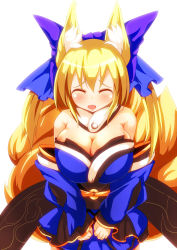 Rule 34 | 10s, 1girl, animal ears, bare shoulders, blonde hair, bow, breasts, cosplay, closed eyes, fate/extra, fate (series), female focus, fox ears, fox tail, hair bow, hair ribbon, japanese clothes, large breasts, merry (diameri), multiple tails, obi, open mouth, ribbon, sash, short hair, solo, tail, tamamo (fate), tamamo cat (fate), tamamo no mae (fate/extra), tamamo no mae (fate/extra) (cosplay), thighhighs, touhou, yakumo ran