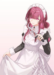 Rule 34 | 1girl, apron, blood, blood on clothes, bloody knife, bloody weapon, breasts, commentary request, frilled apron, frills, hair between eyes, highres, holding, holding knife, honkai: star rail, honkai (series), kafka (honkai: star rail), knife, long hair, long sleeves, looking at viewer, maid, maid apron, maid headdress, medium breasts, puffy sleeves, purple eyes, purple hair, smile, solo, weapon, white apron, wrist cuffs, yukiri (l ii)