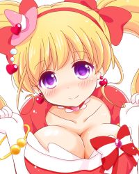 Rule 34 | 1girl, asahina mirai, blonde hair, blush, breasts, cleavage, closed mouth, collarbone, cure miracle, cure miracle (ruby style), earrings, gloves, hairband, hat, heart, heart earrings, jewelry, large breasts, long hair, looking at viewer, mahou girls precure!, pink hat, precure, ringo (nanaprin), ruby style, smile, solo, twintails, upper body, white gloves