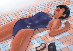 Rule 34 | arena (company), black hair, black headwear, blue one-piece swimsuit, blue school swimsuit, closed eyes, competition school swimsuit, competition swimsuit, copyright request, cowboy shot, goggles, lowres, lvi, lying, on back, on floor, one-piece swimsuit, open mouth, school swimsuit, short hair, sleeping, swim cap, swim goggles, swimsuit, teeth, unworn eyewear, unworn goggles, unworn swim cap