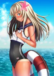Rule 34 | 10s, 1girl, arched back, blonde hair, child, crop top, flower, hair flower, hair ornament, highres, kantai collection, kedama (nexusnnn), lifebuoy, long hair, one-piece swimsuit, one-piece tan, ro-500 (kancolle), sailor collar, school swimsuit, solo, swim ring, swimsuit, swimsuit under clothes, tan, tanline