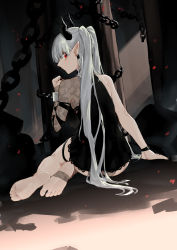 Rule 34 | 1girl, absurdres, arknights, bare legs, barefoot, black dress, bracelet, chain, chained sarkaz girl, closed mouth, commentary, dress, from behind, full body, grey hair, highres, horns, jewelry, long hair, looking at viewer, looking back, on ground, pointy ears, profile, red eyes, renxzd, single sleeve, sitting, soles, solo, symbol-only commentary, thigh strap, toes, very long hair