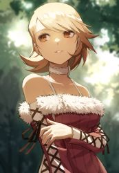 Rule 34 | 1girl, bare shoulders, blurry, blurry background, brown eyes, brown hair, choker, collarbone, commentary request, dress, earrings, fagi (kakikaki), fur-trimmed dress, fur trim, jewelry, lips, long sleeves, looking away, outdoors, parted lips, persona, persona 3, red dress, ribbed dress, short hair, solo, strapless, strapless dress, takeba yukari, white choker