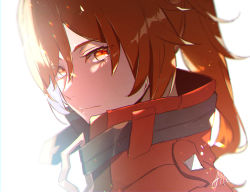 Rule 34 | 1boy, aiwo o lite, closed mouth, coat, diluc (genshin impact), diluc (red dead of night) (genshin impact), genshin impact, hair between eyes, highres, long hair, looking at viewer, male focus, ponytail, portrait, red coat, red eyes, red hair, signature, simple background, solo, white background