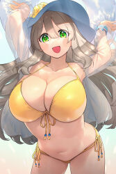 Rule 34 | 1girl, absurdres, arms up, bikini, blue archive, breasts, cleavage, collarbone, front-tie bikini top, front-tie top, hat, highres, large breasts, light brown hair, long hair, nonomi (blue archive), nonomi (swimsuit) (blue archive), official alternate costume, see-through, side-tie bikini bottom, simple background, solo, string bikini, sun hat, swimsuit, ubo (ubo tales), very long hair, white background, yellow bikini