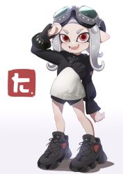 Rule 34 | 1girl, :d, arm up, black footwear, black shirt, black shorts, commentary request, fang, full body, goggles, goggles on head, gradient background, grey background, grey hair, highres, inkling, long sleeves, looking at viewer, nintendo, octoling, octoling girl, octoling player character, open mouth, pointy ears, puffy long sleeves, puffy sleeves, red eyes, shadow, shirt, shoes, short eyebrows, short shorts, shorts, sleeves past wrists, smile, solo, splatoon (series), splatoon 3, standing, tentacle hair, thick eyebrows, toki (yoyobozi), v-shaped eyebrows, white background