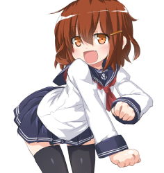 Rule 34 | 10s, 1girl, black thighhighs, brown eyes, brown hair, dd (ijigendd), hair ornament, hairclip, ikazuchi (kancolle), kantai collection, looking at viewer, neckerchief, open mouth, red neckerchief, school uniform, serafuku, short hair, skirt, smile, solo, thighhighs