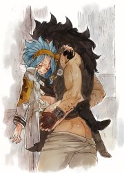 Rule 34 | 1boy, 1girl, against wall, ass, blue hair, boots, breath, clothed sex, clothes pull, closed eyes, fairy tail, flat chest, gajeel redfox, hetero, highres, jacket, levy mcgarden, midriff, navel, pants, pants pull, rusky, scar, sex, stomach, suspended congress, sweat, tattoo, vaginal