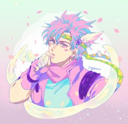 Rule 34 | 1boy, alternate color, artist name, bubble, blowing bubbles, caesar anthonio zeppeli, facial mark, feather hair ornament, feathers, fingerless gloves, gloves, gradient background, hair ornament, hand up, headband, high collar, highres, hydrokinesis, jacket, jojo no kimyou na bouken, kogatarou, looking away, male focus, multicolored hair, pastel colors, petals, pink eyes, pink gloves, pink hair, pink jacket, pink scarf, portrait, scarf, short hair, signature, solo, triangle print, two-tone hair, water