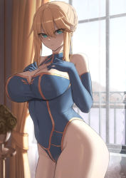 Rule 34 | 1girl, artoria pendragon (fate), artoria pendragon (lancer) (fate), bare shoulders, blonde hair, blue gloves, blue leotard, braid, breasts, cleavage, closed mouth, covered navel, cowboy shot, curtains, curvy, detached collar, elbow gloves, fate/grand order, fate (series), french braid, gloves, gold trim, green eyes, hair between eyes, hair bun, hands on own chest, heattech leotard, highleg, highleg leotard, highres, indoors, kakeku, large breasts, leotard, looking at viewer, sidelocks, single hair bun, solo, thick thighs, thighs, turtleneck, wide hips, window