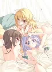 Rule 34 | 3girls, arm support, ass, back, bad id, bad pixiv id, bare back, bed sheet, blonde hair, blue eyes, bow, braid, breasts, brown hair, butt crack, from behind, green bow, hair between eyes, hair bow, hakurei reimu, head rest, highres, ina (inadahime), izayoi sakuya, kirisame marisa, long hair, looking at viewer, lying, multiple girls, naked sheet, nude, on back, on stomach, red eyes, small breasts, touhou, twin braids, under covers, white hair, yellow eyes