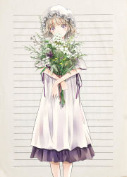 Rule 34 | 1girl, adapted costume, blonde hair, blunt bangs, bouquet, commentary, covered mouth, dress, feet out of frame, flower, hat, highres, holding, holding bouquet, layered clothes, looking at viewer, maribel hearn, mob cap, poteimo (poteimo622), purple dress, purple eyes, purple flower, purple ribbon, red ribbon, ribbon, short hair, simple background, solo, standing, touhou, white dress, white flower, white hat, yellow flower