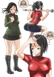Rule 34 | 10s, 1girl, alternate footwear, alternate hairstyle, ass, back, barbell, bike shorts, black footwear, black hair, black skirt, blonde hair, blue eyes, boots, breasts, clenched hand, closed mouth, commentary, emblem, exercising, girls und panzer, green jacket, hair up, hand on own chest, highres, jacket, katyusha (girls und panzer), light frown, light smile, long hair, long sleeves, looking to the side, medium breasts, miniskirt, multiple views, nonna (girls und panzer), pleated skirt, pravda school uniform, red shirt, school uniform, shirt, short ponytail, short sleeves, skirt, squatting, standing, sweat, swept bangs, thought bubble, tight clothes, tight shirt, turtleneck, weightlifting, wind, wiping forehead, yamano rita