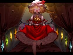 Rule 34 | 1girl, aorin oekaki, ascot, blonde hair, blush, crystal, curtains, curtsey, fang, flandre scarlet, hat, hat ribbon, highres, mary janes, mob cap, open mouth, petticoat, pointy ears, puffy sleeves, red footwear, ribbon, shirt, shoes, short hair, short sleeves, side ponytail, skirt, smile, solo, touhou, wings