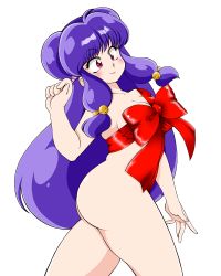 Rule 34 | 1girl, :3, absurdres, ass, bell, blue hair, blush, bow, breasts, cowboy shot, eyebrows, from side, hair ornament, highres, jingle bell, long hair, looking to the side, naked ribbon, nude, purple eyes, ranma 1/2, ribbon, shampoo (ranma 1/2), sidelocks, simple background, smile, solo, suzusato rinka, white background