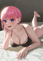Rule 34 | 1girl, amog, ass, bare legs, bare shoulders, barefoot, bikini, black bikini, blue eyes, blush, breasts, cleavage, collarbone, commentary, feet, fingernails, foot out of frame, go-toubun no hanayome, hand on own cheek, hand on own face, head rest, highres, indoors, large breasts, leg up, looking at viewer, lying, nakano ichika, on bed, on stomach, open mouth, paid reward available, short hair, sidelighting, smile, solo, swimsuit