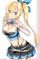 Rule 34 | 1girl, absurdres, bare shoulders, black ribbon, black skirt, black thighhighs, blonde hair, blue eyes, blue flower, blue ribbon, blue rose, blue shirt, blush, breasts, cleavage, cowboy shot, crop top, elbow gloves, flower, garter straps, gloves, groin, hair between eyes, hair intakes, hair ribbon, hands up, head tilt, highres, index finger raised, large breasts, leaning forward, light smile, long hair, looking at viewer, midriff, miniskirt, mirai akari, mirai akari project, navel, neck ribbon, parted lips, pleated skirt, ribbon, rose, shirt, side ponytail, sidelocks, skirt, sleeveless, sleeveless shirt, solo, standing, suspenders, thighhighs, virtual youtuber, white gloves, yuano