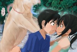 Rule 34 | 1boy, 2girls, :p, absurdres, accidental kiss, animal, black hair, blue camisole, blue eyes, blue shirt, camisole, constricted pupils, day, dog, face-to-face, frown, grey hair, hetero, highres, imminent kiss, inu chikushou, motion blur, multiple girls, orange eyes, original, outdoors, ponytail, pushing, riverbank, rock, shirt, surprised, tan, tanline, tongue, tongue out, wide-eyed