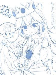 Rule 34 | 1girl, age regression, aged down, bare shoulders, crown, crying, crying with eyes open, dress, earrings, female focus, flat chest, gloves, jewelry, long hair, magister, mario (series), monochrome, mushroom, nintendo, oversized clothes, poison mushroom, princess peach, single glove, skull, solo, tears
