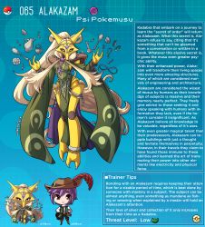 Rule 34 | 1boy, 1girl, absurdly long hair, alakazam, artist name, black eyes, blonde hair, bow-shaped hair, bracelet, character name, character profile, colored skin, commentary, creatures (company), english commentary, english text, fewer digits, game freak, gen 1 pokemon, hat, hat feather, highres, jewelry, kinkymation, long hair, mask, nintendo, pelvic curtain, personification, poke ball, pokemon, purple hair, ring, telekinesis, very long hair, yellow skin