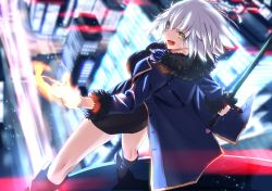 Rule 34 | 1girl, black dress, black jacket, building, coat, dress, fate/grand order, fate (series), fur-trimmed coat, fur-trimmed jacket, fur-trimmed sleeves, fur collar, fur trim, highres, jacket, jeanne d&#039;arc (fate), jeanne d&#039;arc alter (fate), jeanne d&#039;arc alter (ver. shinjuku 1999) (fate), jewelry, necklace, official alternate costume, open arms, open clothes, open coat, open jacket, open mouth, revision, short dress, short hair, silver hair, sword, tsurime, tsuuhan, weapon, wicked dragon witch ver. shinjuku 1999, yellow eyes