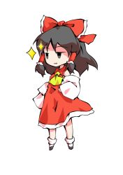 Rule 34 | 1girl, ascot, bare shoulders, black eyes, black footwear, bow, chibi, collar, collared dress, dairi, detached sleeves, dress, full body, grey eyes, grey hair, hair between eyes, hair ornament, hair tubes, hakurei reimu, hand on own hip, long sleeves, looking to the side, open mouth, red bow, red dress, shaded face, shoes, short hair, simple background, sleeveless, sleeveless dress, smile, smug, socks, solo, standing, star (symbol), tachi-e, touhou, transparent background, white background, white sleeves, white socks, wide sleeves, yellow ascot