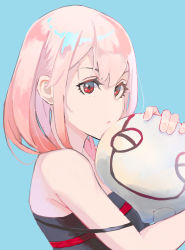 Rule 34 | 1girl, absurdres, bare shoulders, blue background, closed mouth, fingernails, guilty crown, highres, holding, long hair, nail polish, pink hair, red eyes, robot, simple background, solo, upper body, you-6-11, yuzuriha inori