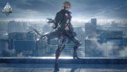 Rule 34 | 1boy, artist request, blonde hair, building, cityscape, cloud, cloudy sky, coat, company name, copyright notice, cyborg, full body, ganglati (girls&#039; frontline), girls&#039; frontline, green coat, hair between eyes, highres, long sleeves, looking at viewer, male focus, mechanical parts, metal jaw, navel, nyto (girls&#039; frontline), official art, outdoors, outstretched hand, paradeus, prosthesis, prosthetic arm, prosthetic leg, purple eyes, rooftop, second-party source, short hair, sky, smile, solo, spoilers, standing, torn clothes, torn coat