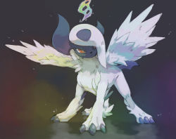 Rule 34 | absol, brown eyes, claws, commentary, creature, creatures (company), english commentary, full body, game freak, gen 3 pokemon, grey background, mega absol, mega pokemon, nintendo, no humans, pinkgermy, pokemon, pokemon (creature), simple background, solo, standing