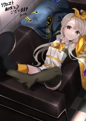 Rule 34 | 1girl, :o, armpits, asymmetrical legwear, black footwear, black shorts, black socks, blue jacket, boots, brown eyes, checkered floor, collared shirt, commentary request, couch, cross-laced footwear, grey hair, hair over shoulder, hisakawa nagi, idolmaster, idolmaster cinderella girls, idolmaster cinderella girls starlight stage, indoors, jacket, kneehighs, lace-up boots, long hair, looking at viewer, low twintails, lying, mismatched legwear, on back, on couch, open clothes, open jacket, parted lips, shirt, shiwa (siwaa0419), shoe soles, short shorts, shorts, single kneehigh, single sock, single thighhigh, sleeveless, sleeveless shirt, socks, solo, thighhighs, tile wall, tiles, translation request, twintails, very long hair, white shirt, yellow jacket, yellow socks
