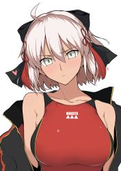 Rule 34 | 1girl, absurdres, alternate costume, bare shoulders, black bow, blush, bow, breasts, collarbone, competition swimsuit, dark-skinned female, dark skin, fate/grand order, fate (series), grey eyes, hair bow, halcon, heart, highres, jacket, jacket on shoulders, koha-ace, looking at viewer, majin saber, medium breasts, okita souji (fate), okita souji alter (fate), okita souji alter (first ascension) (fate), one-piece swimsuit, red bow, red one-piece swimsuit, short hair, solo, swimsuit, unworn jacket, upper body, white background, white hair
