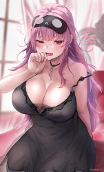 Rule 34 | 1girl, bare shoulders, black choker, black nightgown, blush, breasts, choker, cleavage, collarbone, drooling, hand up, highres, hololive, hololive english, large breasts, long hair, looking at viewer, mask, mask on head, messy hair, mori calliope, mori calliope (sleepwear), nail polish, nightgown, official alternate costume, open mouth, pink hair, red eyes, red nails, saliva, sitting, sleep mask, sleepy, solo, strap slip, tears, tinnies, virtual youtuber, waking up