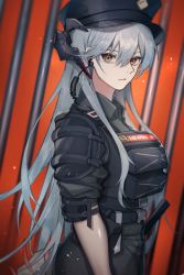 Rule 34 | 1girl, arknights, black hat, black shirt, commentary, dragon horns, eyes visible through hair, grey hair, hat, highres, horns, looking at viewer, looking to the side, official alternate costume, orange background, orange eyes, parted lips, police, police hat, police uniform, prison cell, saria (arknights), saria (the law) (arknights), shadow, shirt, sleeves rolled up, solo, tamako (tmc dr), uniform, upper body, walkie-talkie