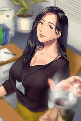 Rule 34 | 1girl, 93tmnatsuki, bad id, bad pixiv id, badge, black hair, window blinds, breasts, brown eyes, brown sweater, cleavage, closed mouth, coffee, coffee mug, collarbone, commentary request, cup, curtains, desk, earrings, id card, indoors, jewelry, lanyard, large breasts, long hair, mature female, mug, name tag, office, office lady, original, paper, pen, plant, potted plant, scoop neck, skirt, sleeves rolled up, smile, solo focus, steam, sweater, yellow skirt