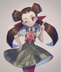 Rule 34 | 1girl, bow, brown hair, closed mouth, collared shirt, commentary, creatures (company), dress, eyelashes, game freak, grey dress, gym leader, hand on own hip, hand up, head tilt, index finger raised, long hair, looking at viewer, momoji (lobolobo2010), nintendo, pantyhose, pink bow, pink eyes, pokemon, pokemon oras, roxanne (pokemon), shirt, short sleeves, smile, solo, twintails