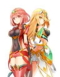 Rule 34 | 2girls, armor, blonde hair, breasts, covered navel, dress, earrings, fingerless gloves, gloves, green eyes, hair ornament, jewelry, large breasts, long hair, looking at viewer, multiple girls, murata taichi, mythra (xenoblade), nintendo, pyra (xenoblade), red eyes, red hair, short hair, shorts, sidelocks, simple background, smile, tiara, white background, xenoblade chronicles (series), xenoblade chronicles 2, xenoblade chronicles (series), xenoblade chronicles 2, yellow eyes