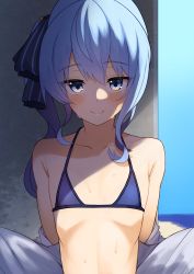 Rule 34 | 1girl, absurdres, bare shoulders, bikini, blue eyes, blue hair, blush, collarbone, flat chest, hair between eyes, highres, hololive, hoshimachi suisei, jacket, jacket partially removed, pyonsan, shade, side ponytail, smile, solo, sweat, swimsuit, undressing, upper body, virtual youtuber