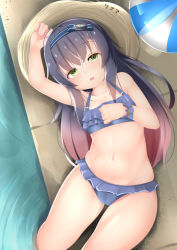 Rule 34 | 1girl, arm up, bad id, bad pixiv id, bikini, black hair, blue hairband, feet out of frame, frilled bikini, frills, from above, gradient hair, green eyes, hairband, hat, kantai collection, long hair, looking at viewer, lying, matsuwa (kancolle), multicolored hair, navel, ne an ito, pink hair, purple bikini, scrunchie, solo, straw hat, sun hat, swimsuit, water, wrist scrunchie