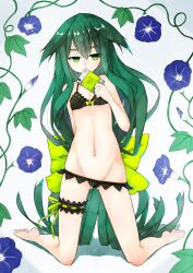 Rule 34 | absurdly long hair, arm behind back, asameshi, barefoot, bikini, black bikini, bow, bow bikini, breasts, bridal garter, facing viewer, floral background, flower, gatchaman crowds, gluteal fold, green eyes, green hair, green ribbon, hair between eyes, hair bow, huge bow, kneeling, long hair, looking to the side, low-tied long hair, lowleg, lowleg bikini, miya utsutsu, morning glory, navel, note (gatchaman crowds), object to mouth, plant, ribbon, sideways glance, simple background, small breasts, swimsuit, very long hair, vines, white background
