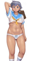 Rule 34 | 1girl, arm at side, arm behind head, bag, blue eyes, blue hair, blush, breasts, commentary request, crop top, dark skin, feet out of frame, gluteal fold, highres, looking at viewer, medium breasts, navel, no pants, open mouth, original, orizen, panties, sailor collar, see-through, short hair, short sleeves, simple background, socks, solo, tareme, underwear, white background