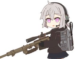 Rule 34 | 1girl, :o, aircraft, antenna hair, backpack, bag, bolt action, brown jacket, cheytac m200, earmuffs, girls&#039; frontline, gotoo, grey bag, grey hair, gun, hair between eyes, highres, holding, holding gun, holding weapon, jacket, long sleeves, looking at viewer, looking to the side, m200 (girls&#039; frontline), open mouth, ponytail, purple eyes, rifle, simple background, sniper rifle, solo, weapon, white background