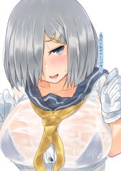 Rule 34 | 10s, 1girl, bikini, bikini top only, bikini under clothes, blue eyes, blush, breasts, gachou, gloves, hair ornament, hair over one eye, hairclip, hamakaze (kancolle), kantai collection, large breasts, looking at viewer, neckerchief, parted lips, school uniform, see-through, serafuku, short hair, silver hair, solo, sweat, swimsuit, swimsuit under clothes, translation request, upper body, wet, wet clothes, white gloves, yellow neckerchief